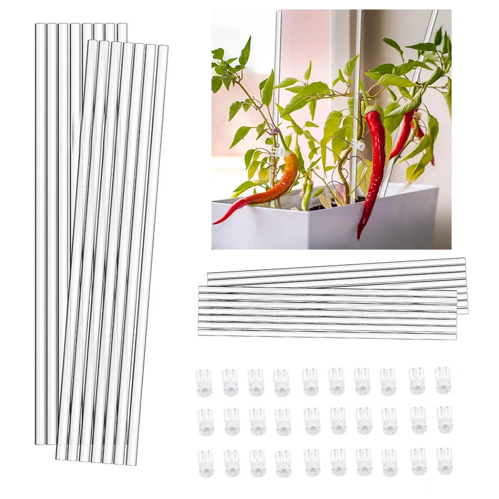 Set of 30 Clear Acrylic Plant Support Stakes with Clips for Orchids and Various Plants to Prevent Stem Damage and Promote Growth