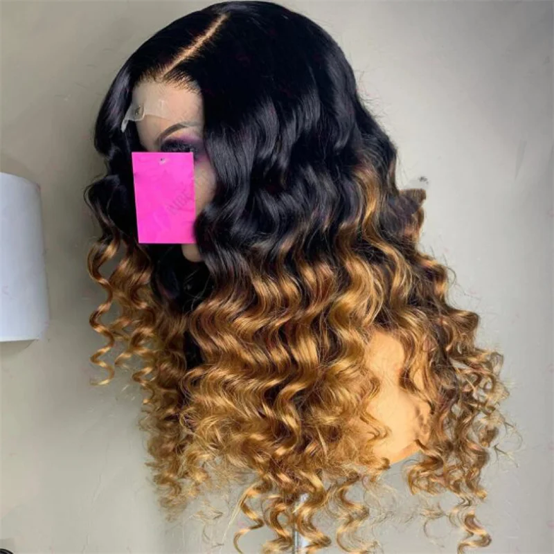 Ombre loira peruca dianteira para mulheres, peruca profunda e encaracolada, cabelo do bebê, resistente ao calor, sem cola, desgaste diário, 26in, 180 Densidade