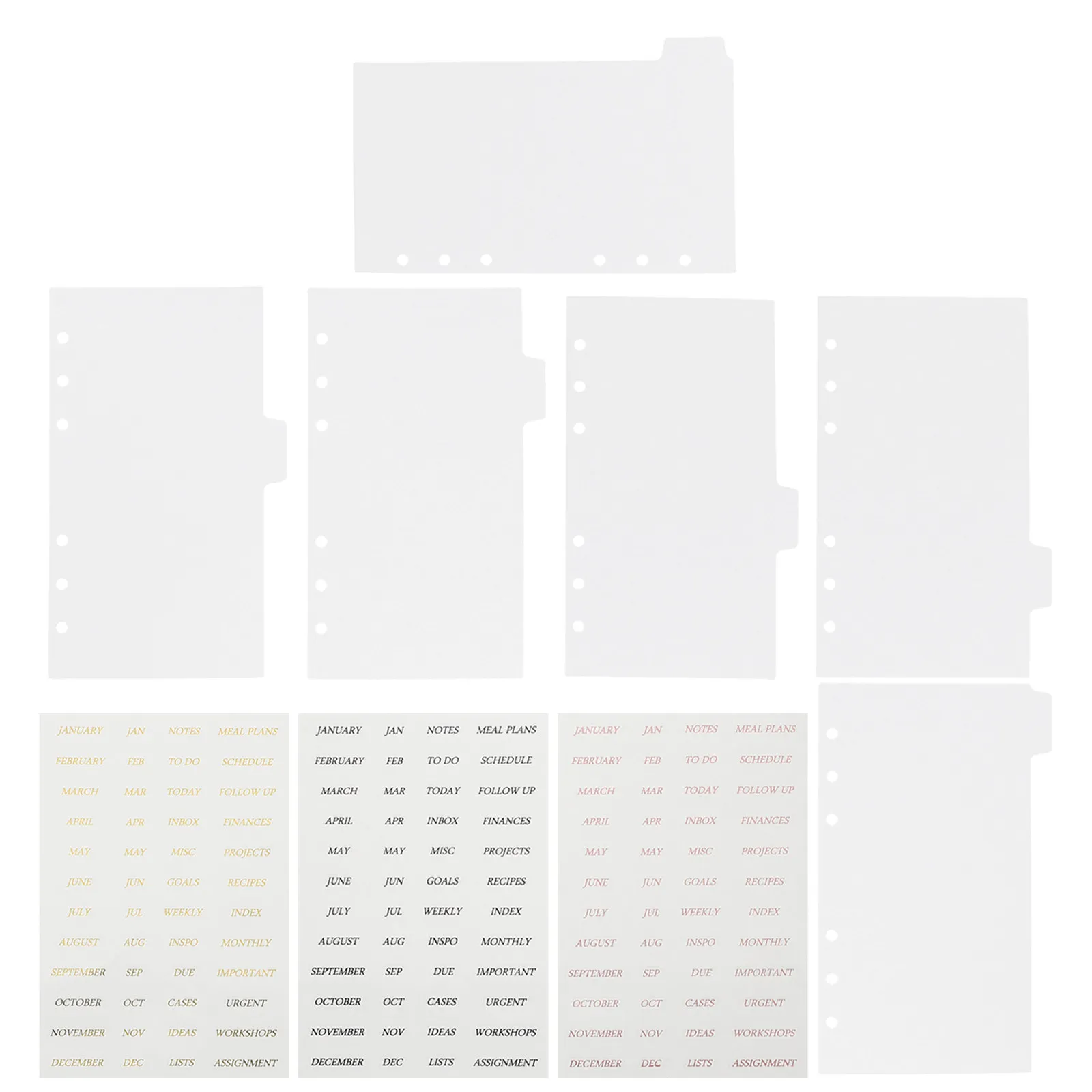6Pcs A6 Binder Divider Pages Frosted Plastic Tabbed 6 Hole Planner Dividers Refillable Index Sheets for Coupon Budget Recipe