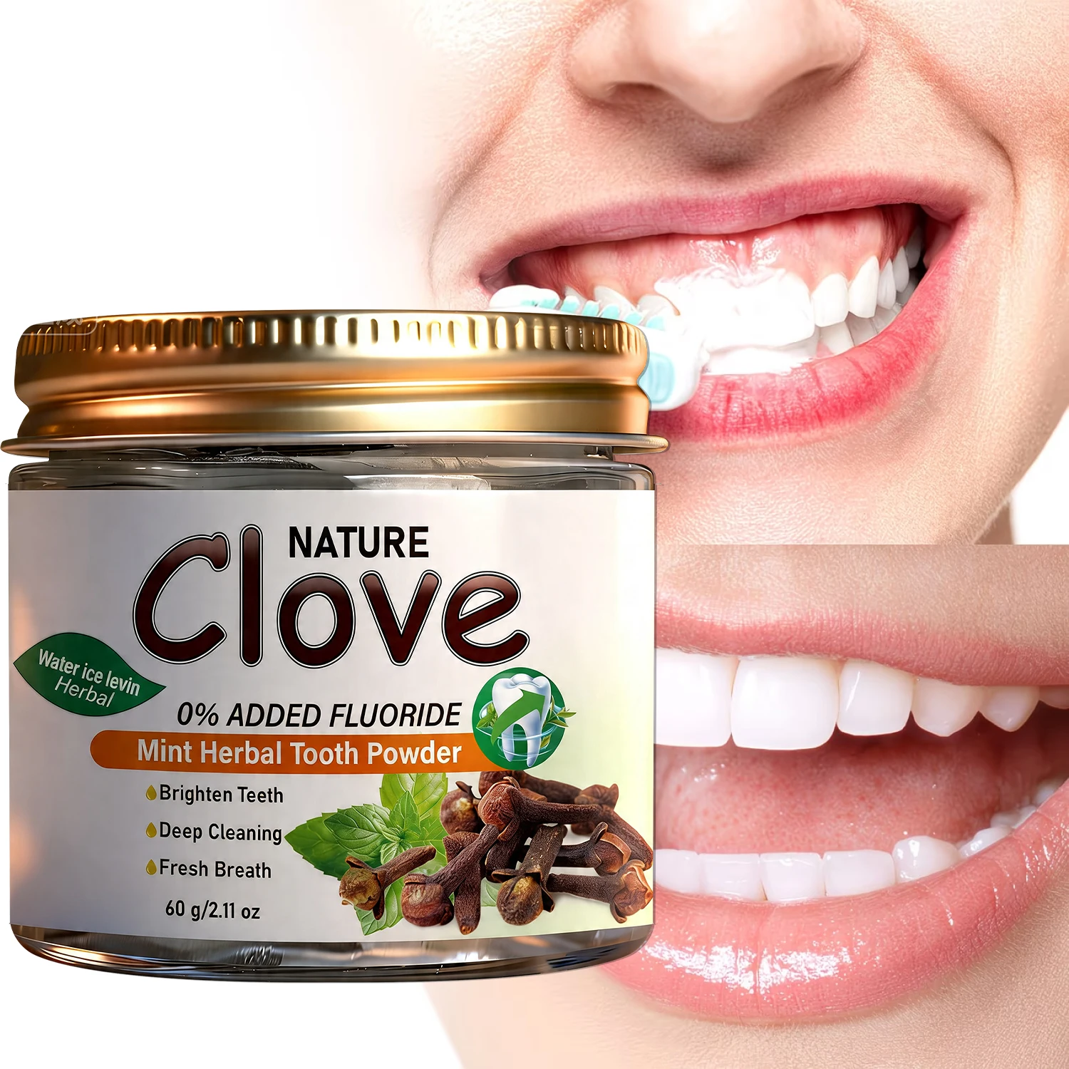 Natural Clove Mint Herbal Tooth Powder - Fluoride Free, Deep Cleaning for Bright Teeth & Fresh Breath