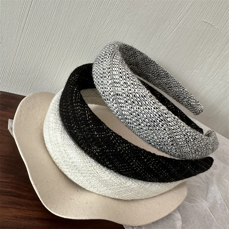 Retro Style Tweed Hairbands Temperament High Quality Headbands 2023 Spring New Black Grey White Hair Accessories