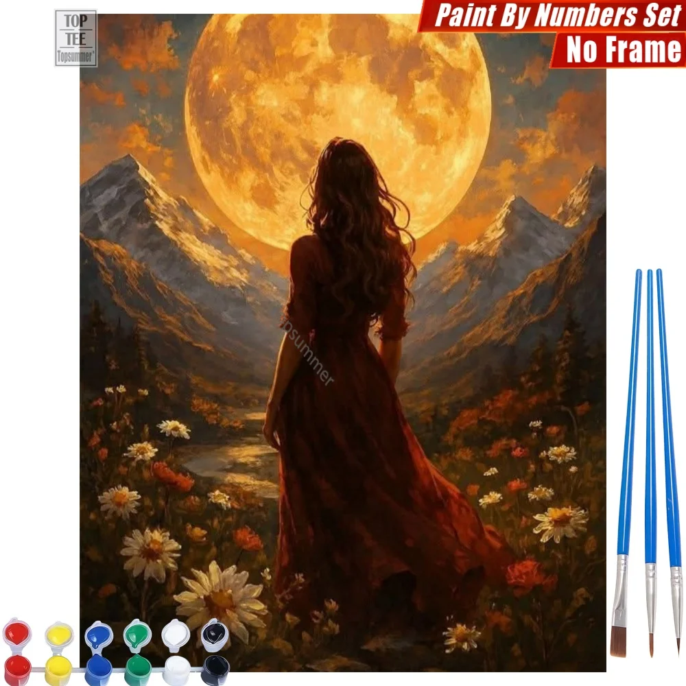 

Back Moonlit Woman Paints By Numbers Set - Long Hair Flowers Abstract Wall Art Day Of The Dead Gift For Woman