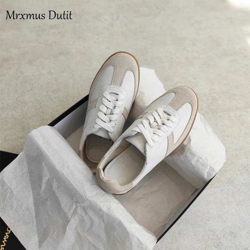 Mrxmus Dutit 2024 New Women Genuine Leather Splice Lacing Flats Shoes Casual Simple All-match Moral Training Shoes Chic Sneaker