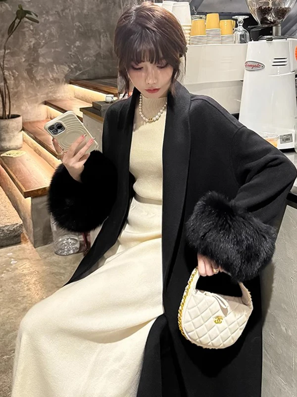 

Корейское модное шерстяное пальто для женщин, осенне-зимнее, новая модель, с отстегивающимся меховым воротником, длинный рукав, V-образный вырез, средней длины