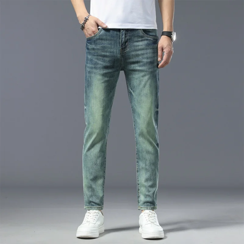 Retro blue-green jeans men's high-end washed slim fit skinny elastic trend all-match street fashion long pants