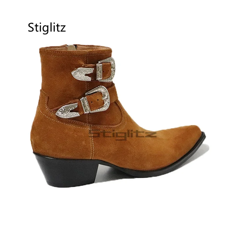 

Замшевые кожаные ботинки челси для мужчин, мужские ботинки с острым носком и пряжкой на высоком каблуке, ботильоны в британском стиле, мужская обувь в стиле вестерн