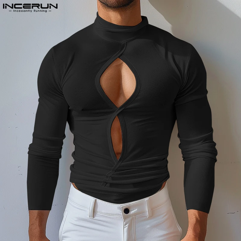 INCERUN Men's Turtleneck Long Sleeve Solid Color Sexy Tops Hollow Out Slim Fit Cropped T-Shirts Casual American Style Fashion