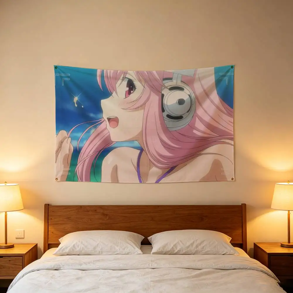 Cute S-Super S-Sonico Flags Wall Hanging Background Art Banner for Bedroom Home Outdoor Decor