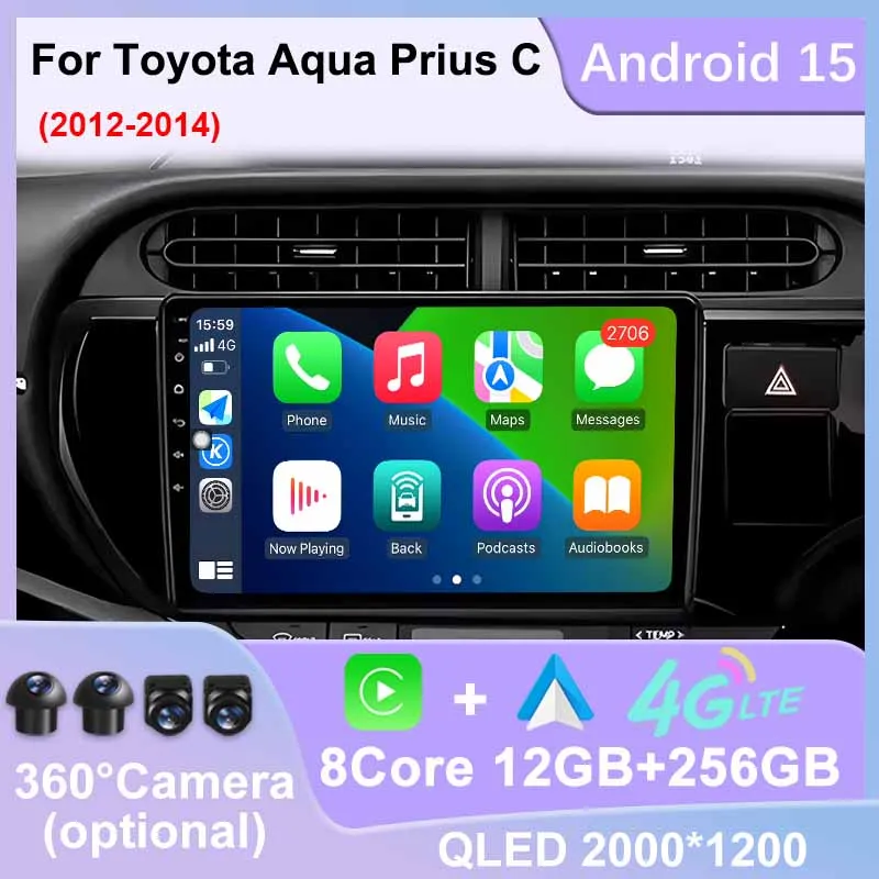 

Android 15 Car Radio For Toyota Aqua Prius C 2012-2014 GPS Multimedia Automotive Autoradio Carplay Auto Wireless Video Car WIFI