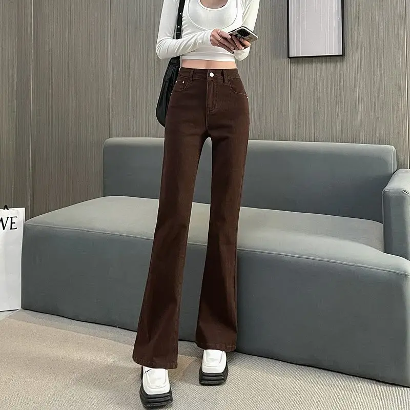 

Коричневые светло-кльош в американском стиле ретро, весенне-осенние новые стильные джинсы с высокой талией, однотонные универсальные облегающие эластичные брюки