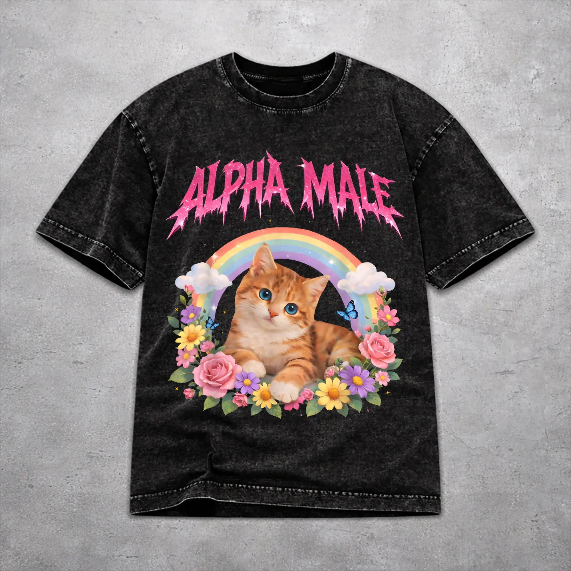Alpha Male Cat Kitten Funny  T Shirt Washed Style For Men Women Cotton T-Shirts Tee Clothing