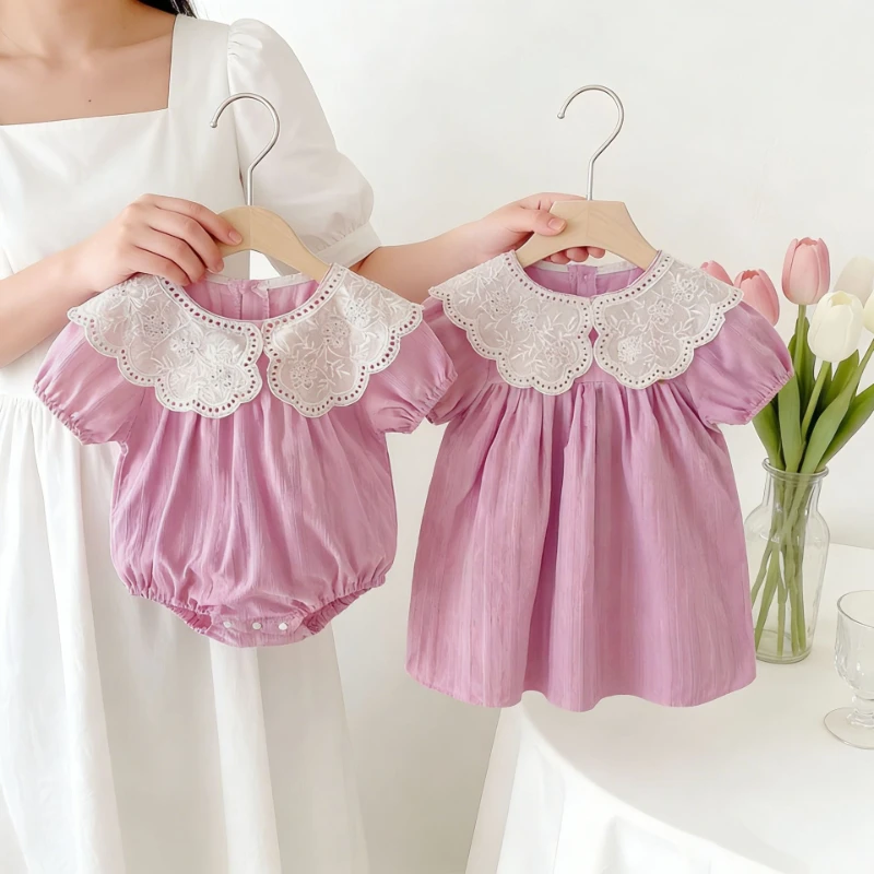 2026 Summer New Hot Baby Lace Doll Neck Bodysuit and Same Color Sweet Style Short Sleeve Fart Wrap Sisters Dress