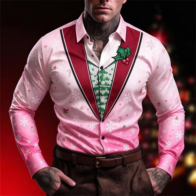New men's Christmas shirt pink fake two piece snowflake cane candy winter green leaf print slim fit trendy men's shirt