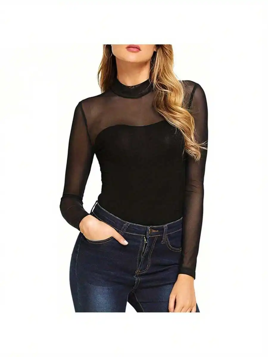 Womens Sheer Mesh Long Sleeve Bodysuit Turtleneck Slim Fit Top