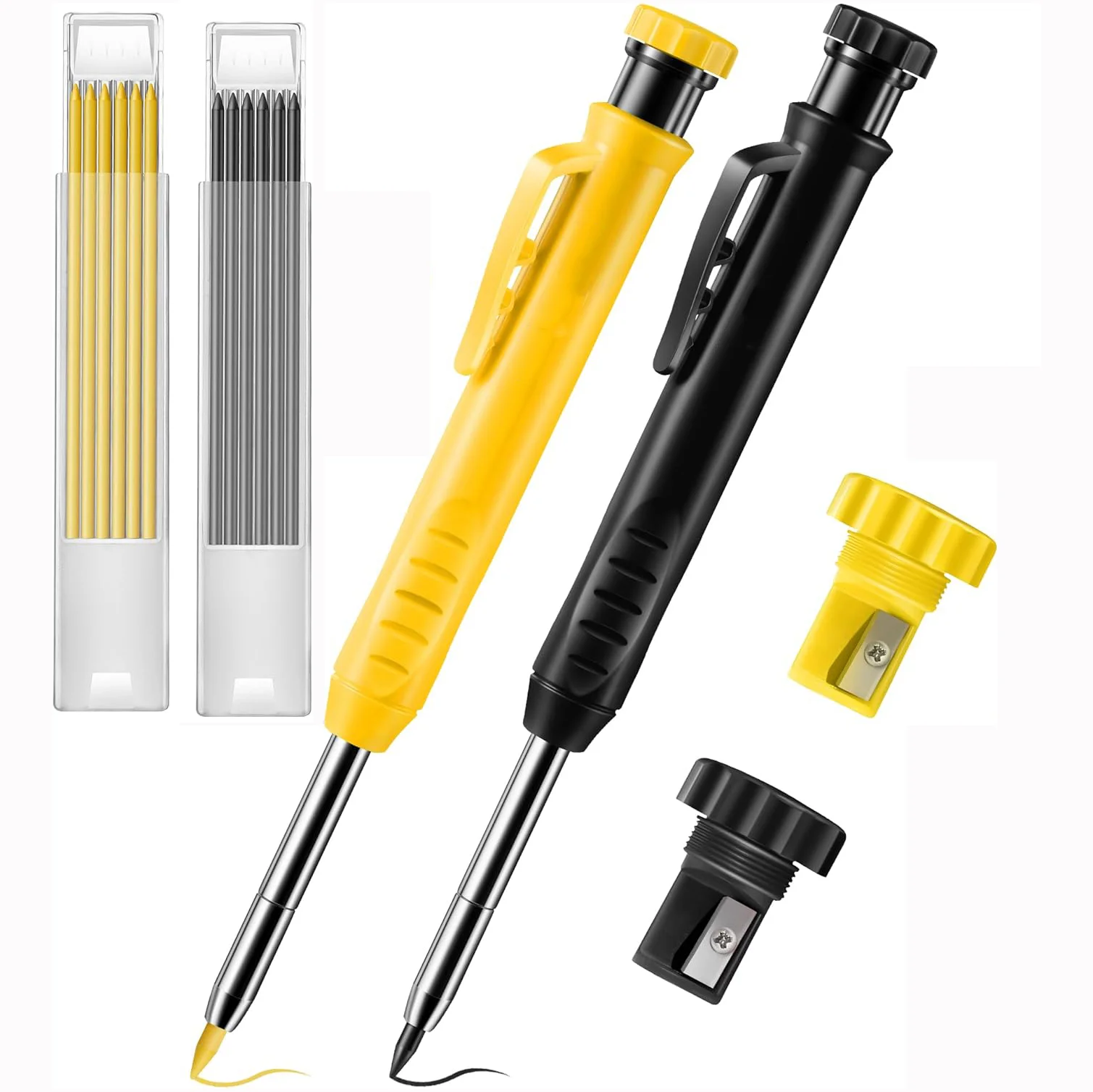 Deep hole marker Pencil Set with 12 Refills and Protective Cap Long Nosed Deep Hole Construction Pencil Built in Sharpener