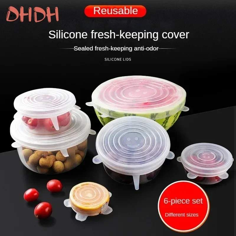 6Pcs/Set White Silicone Elastic Cover Universal Food Packaging Stretch Lids for Bowl Pot Dish Reusable Food Fresh Cover