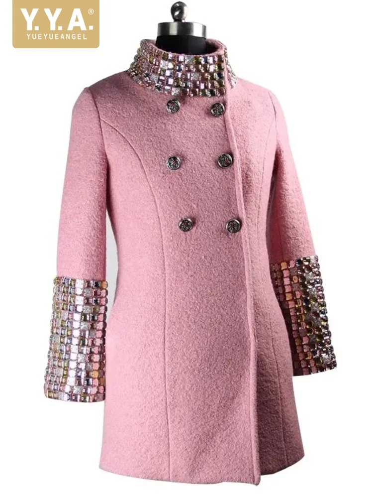

Women New Winter Warm Padded Lining Woolen Blend Coat Luxury Stand Collar Diamonds Slim Fit Medium Long Double Breasted Overcoat