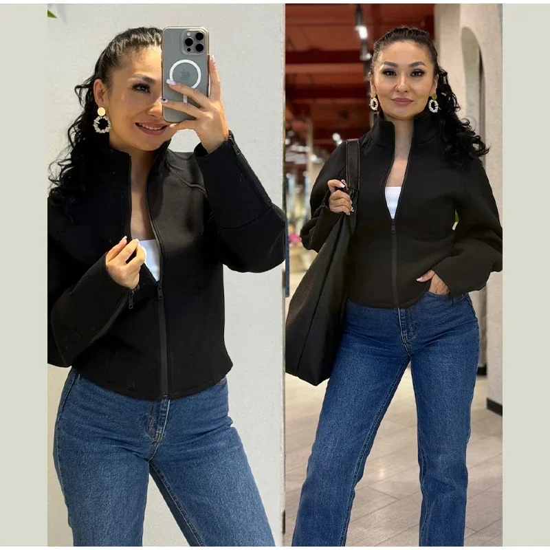 Schwarze Damen-Crop-Jacke mit Stehkragen, durchgehendem Reißverschluss, verstellbaren Manschetten und Reißverschluss, einfarbiger Mantel, 2026, lässig, für den Alltag, Herbst, Streetwear – Detail 11