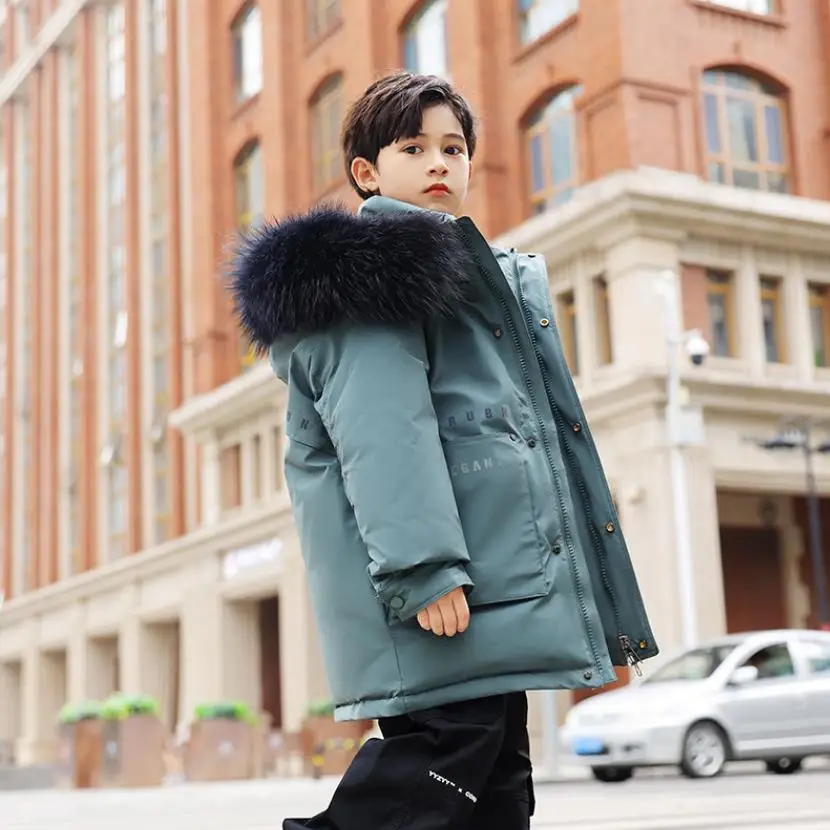 Winter New Duck Down Thermal Coat Boys Royal Blue Fashion Clothes Middle Children Hooded Down Jacket Natural Fur Collar A1965