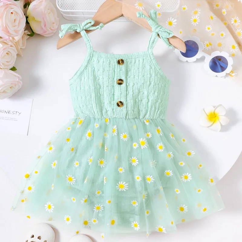 Toddler Children's Lace Up Bow Small Daisy Chiffon Bodysuit Suitable for Cute Baby Girls From 3 to 24 Months Summer Fashion Clot