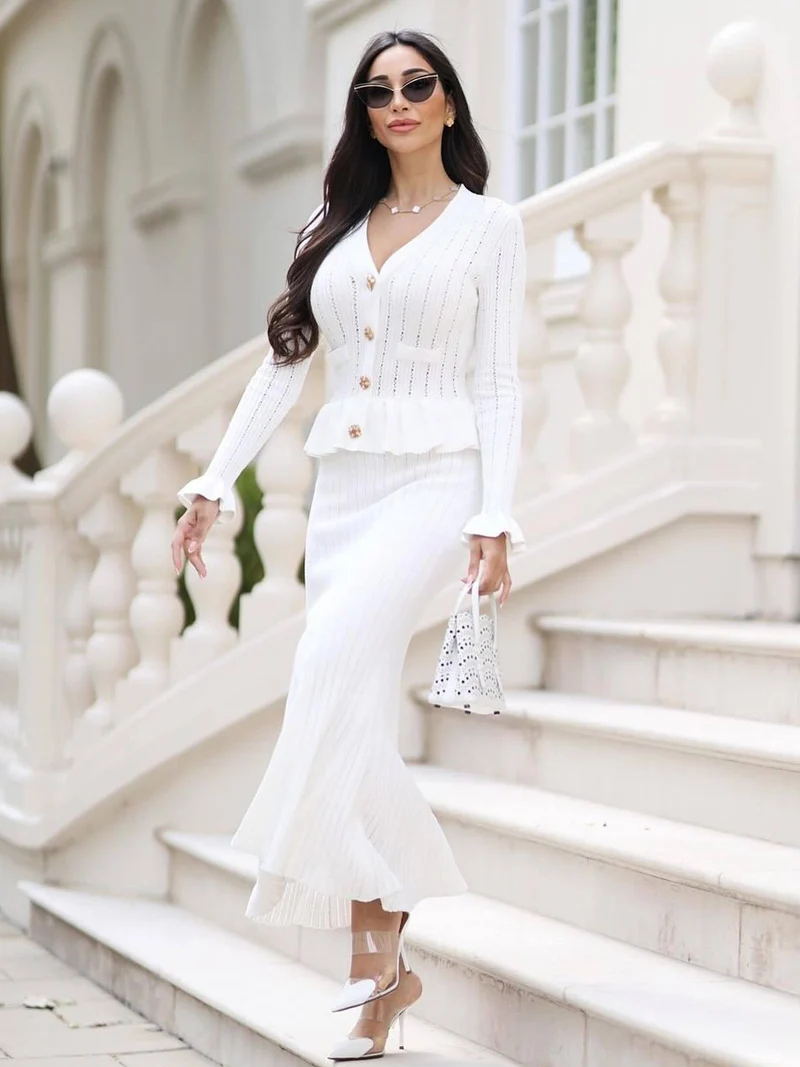 2026 New Sweater Matching Sets DGLUKE Knitted 2 Pieces Set For Woman Long Sleeve Top And Long Skirt Set 2 Piece Elegant Outfits