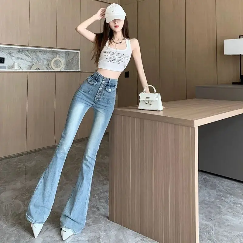 Denim Flared Pants for Women High Waist Shot Skinny Bell Bottom Trousers with Pockets Slim Fit Womens Flare Jeans Cool Aesthetic