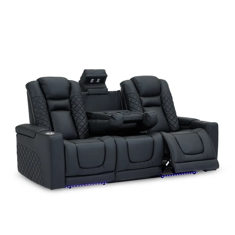 

First-Layer Cowhide Leather Electric Function Video Room Sofa For Small Apartment Living Home Theater Straight-Row Three-Seat