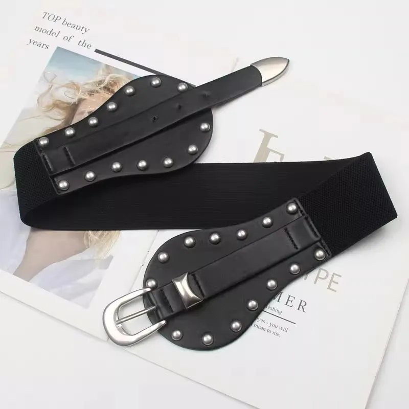 Rivet PU Leather Elastic Belt Women's Punk Corset Female Cummerbund Coat Waistband Dress Decration Wide Belt J1592
