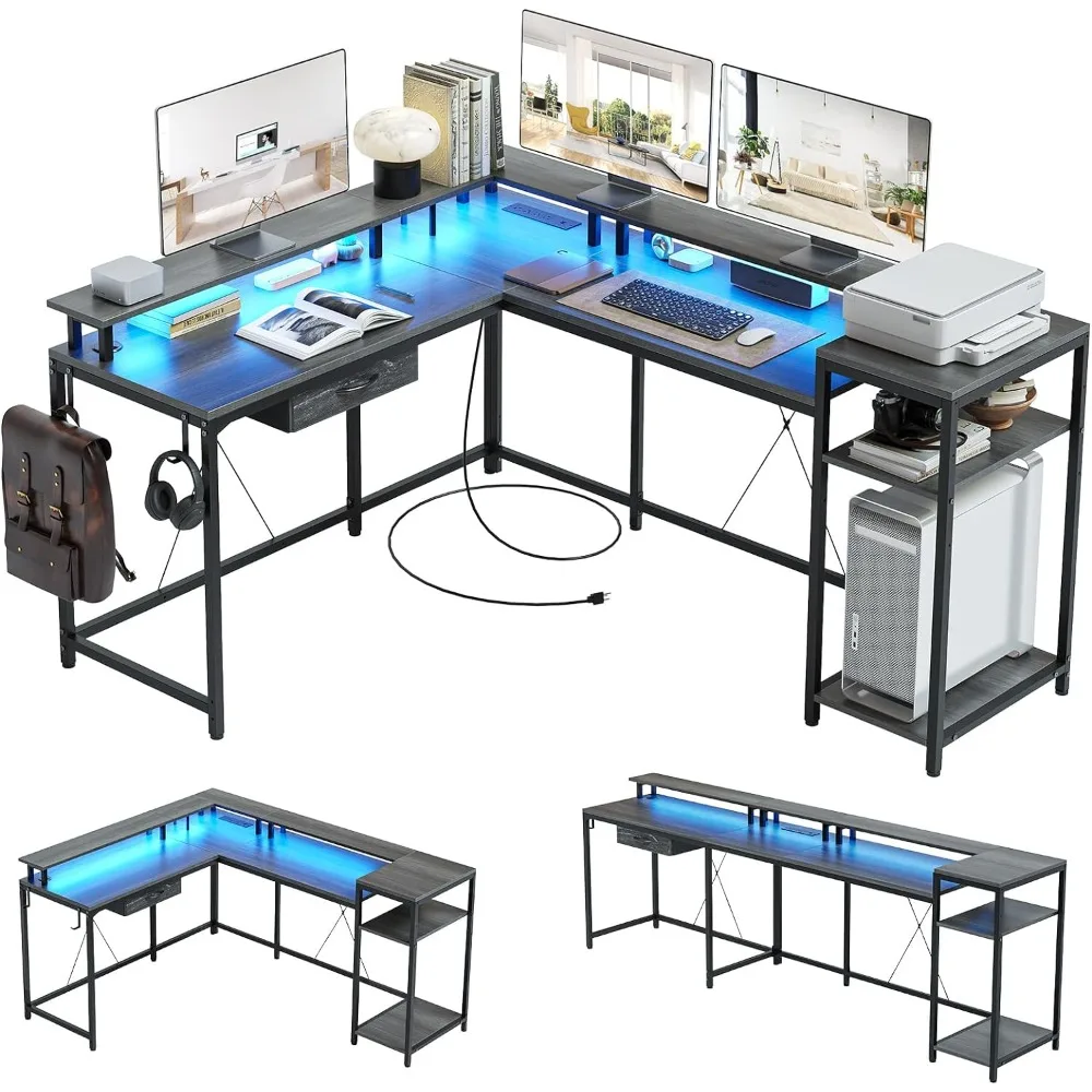 

68" L Shaped Gaming Desk, Computer Desk with Power Outlets & LED Lights,Corner Desk with Monitor Shelf and Hook, Two Person Desk