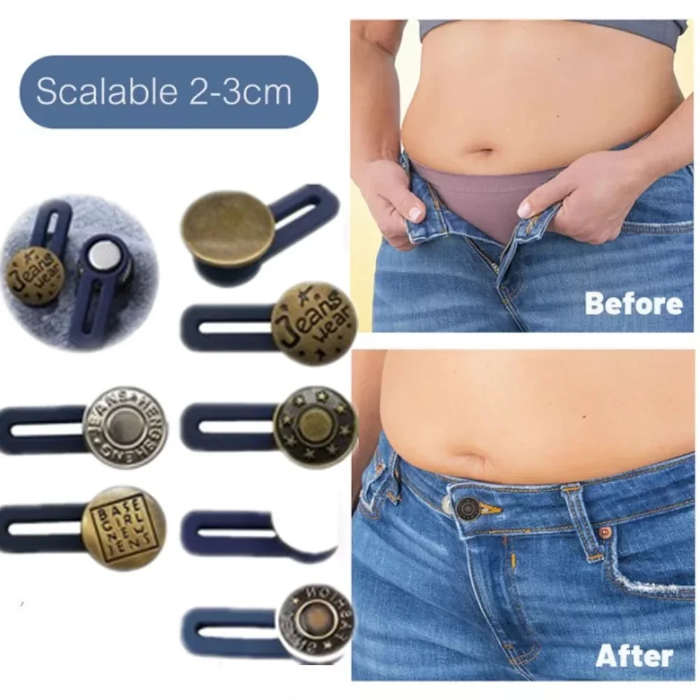 Metal Button Extender For Pants Adjustable Jeans Retractable Button Waist Extenders Button Waistband Expander Buckles Easy Clip