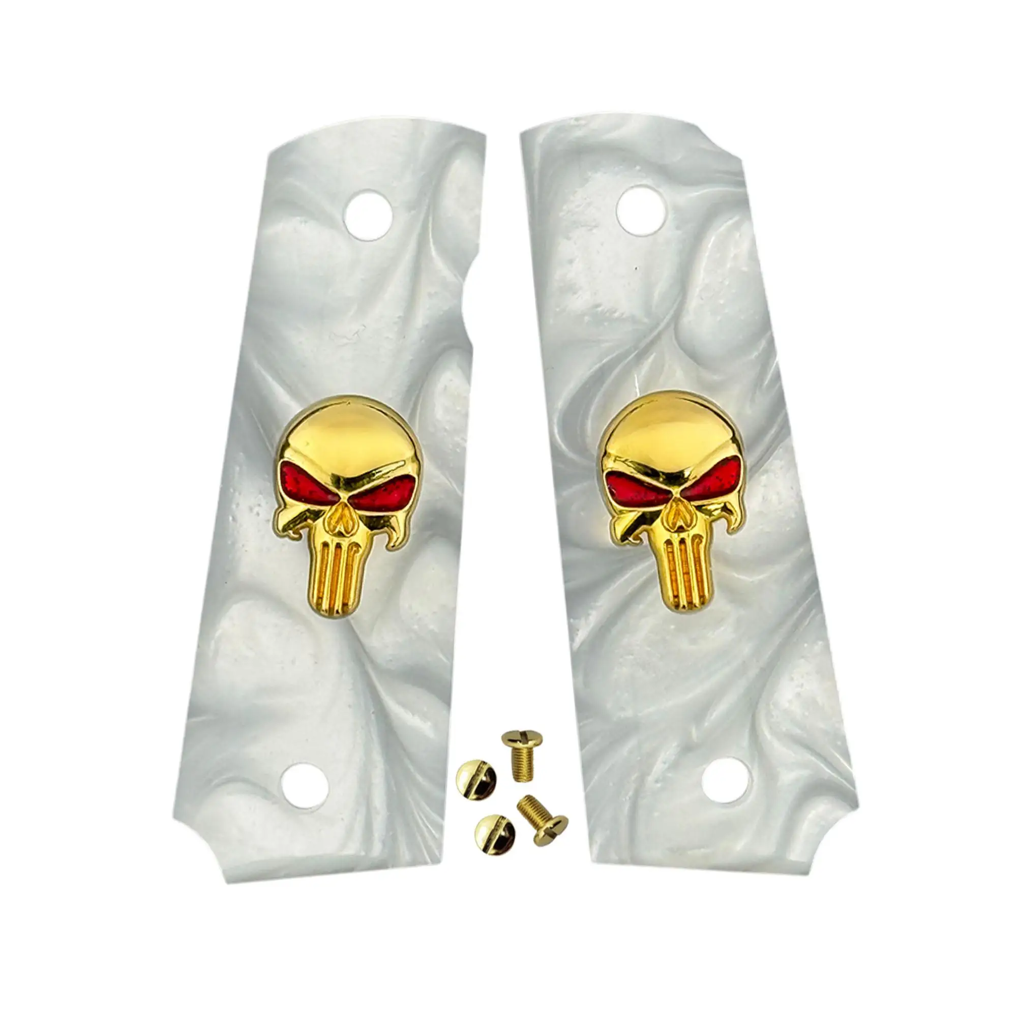 1911 グリップ フルサイズ、ホワイトパールゴールドスカルレッドアイ、コルト、キンバー、スプリングフィールド、レミントン、ロックアイランド、ガバメントコマンダーに適合