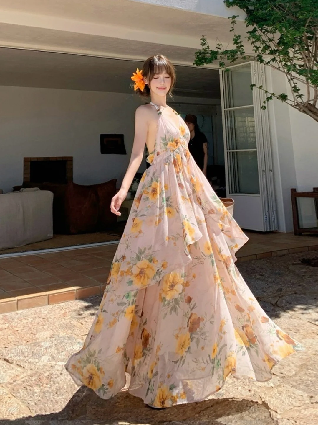 바이온 트래블 플로럴 프린트 오프숄더 롱 드레스 비치 포토 아우토레스 아일랜드 드레스 소프트 시폰 하이웨이스트 썸머