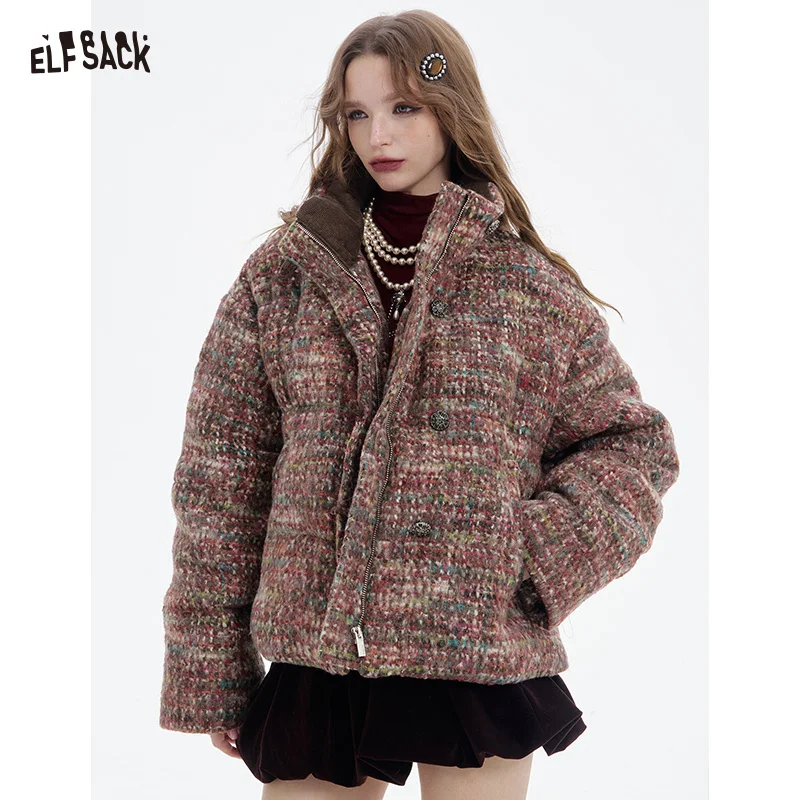 ELFSACK 2025 invierno nuevas llegadas Y2K elegante a cuadros Puffer cuello de piel sintética botón con cremallera completa Chaqueta corta para mujer