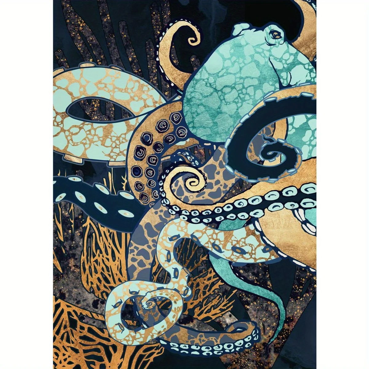 1pc FramelessOctopus Wall Art - Ocean Theme Canvas Print with No frame, 16x24 Inch, Vibrant Teal Blue & Golden Accents