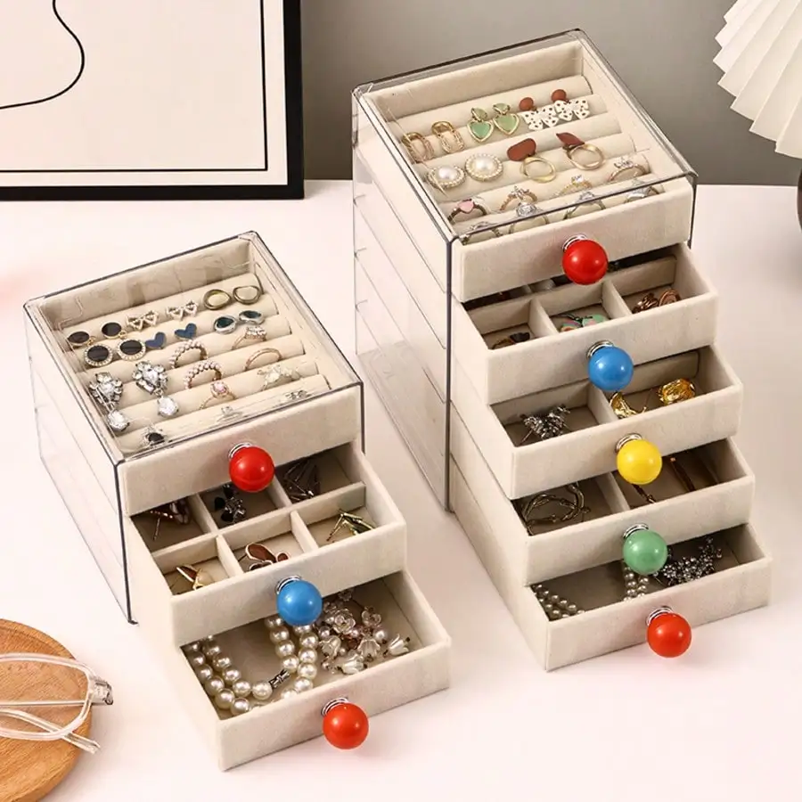 1pc 3/5 Layer Acrylic Jewelry Box, Macaron Contrast Color Ins Velvet Drawer Storage Case for Earrings. Ideal for Vanity, Bedroom