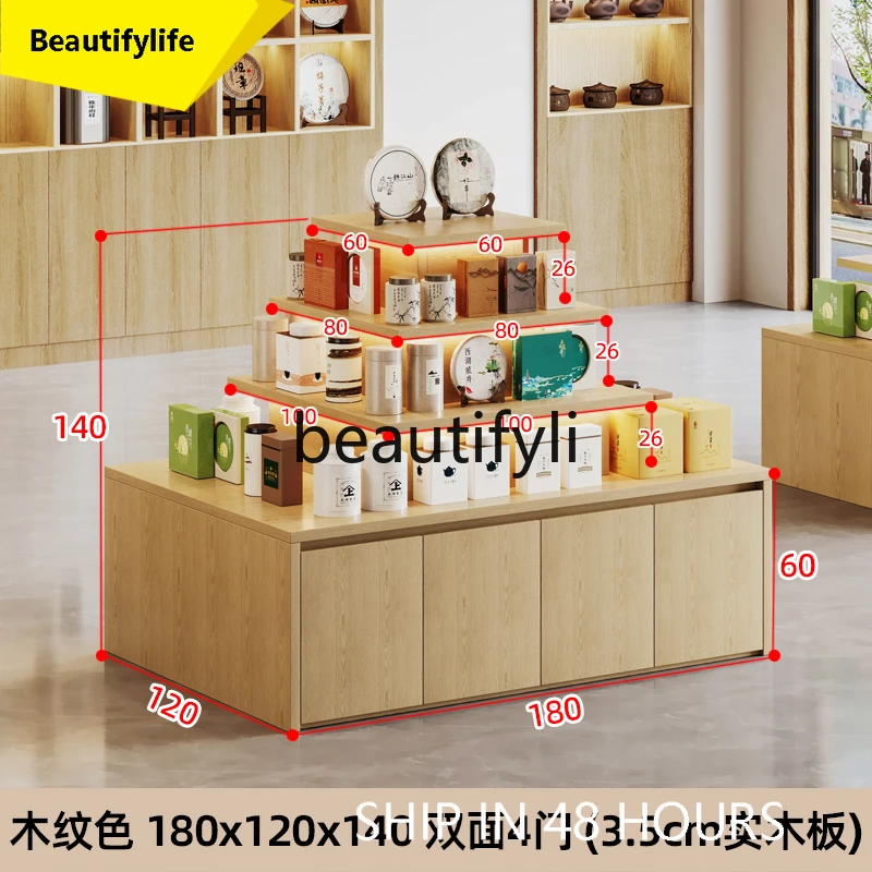 

A16 Solid Wood Double-Sided Tea Cabinet Multi-Layer Island Shelf Display Stand Specialty Storage Rack Showcase
