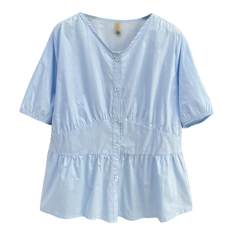 

100 кг новая летняя женская рубашка больших размеров, простые и повседневные однотонные блузки с тонкой талией и короткими рукавами 008