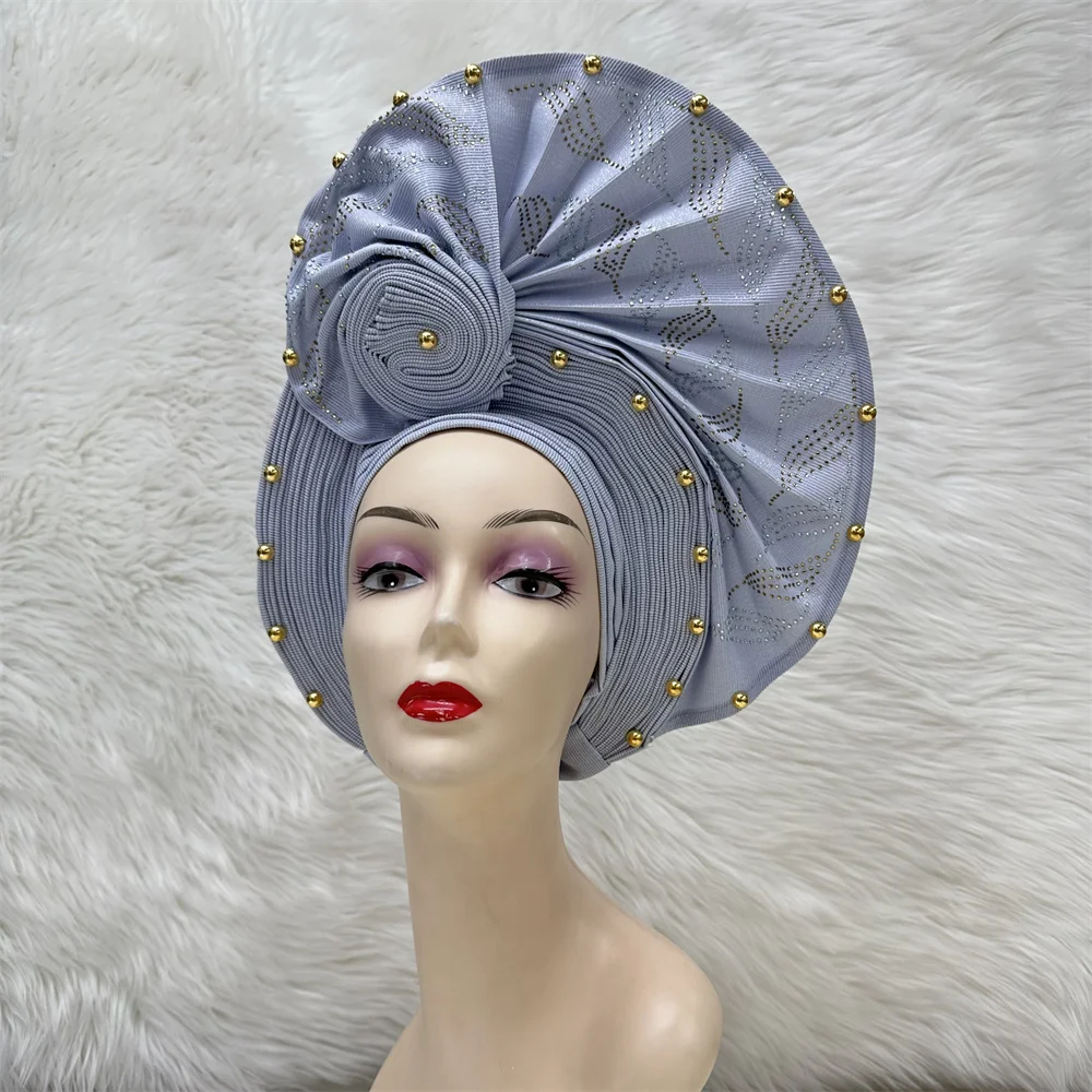 2026 New Style African Aso Oke Headtie Auto Asoebi Gele Headwear With Iron Beads Stones Best Quality Turban Headwraps 1pcs/pack