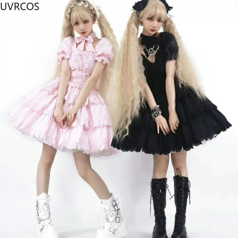 Pink Kawaii Sweet Lolita Dress Set Women Victorian Vintage Slim Bandage Crop Tops Ruffles Mini Fairy Skirt Gothic Y2k Girls Suit