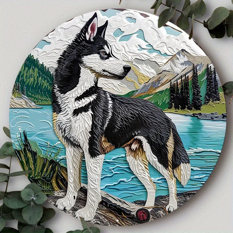 

Aluminum Metal Sign 2D Flat Circular Wreath Logo, Tavern Club Home Scene Decoration, Alaskan Dog, Decorative Wall Poster