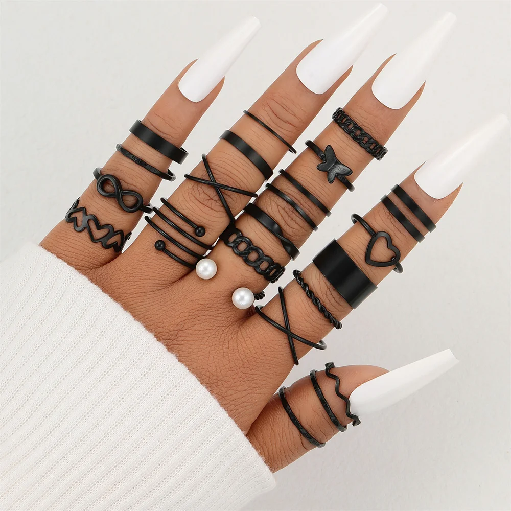 22pcs Vintage Hollow Heart Butterfly Rings Set For Women Metal Black Color Geometric Cross Pearl Finger Ring 2024 Trendy Jewelry