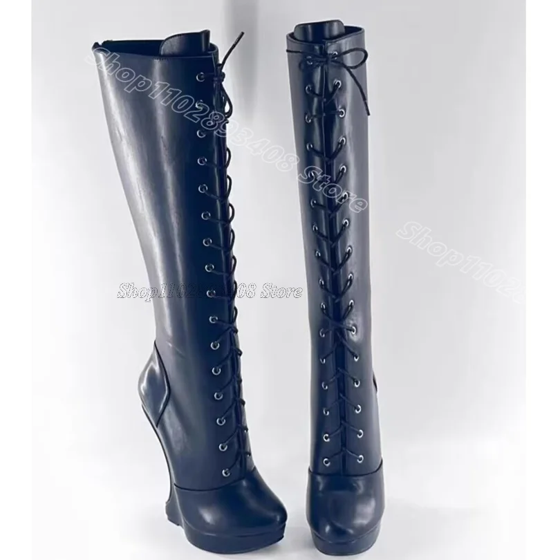 

Black Lace up Strange Heels Boots Round Toe British Style Matte Leather New Fashion Party Dress Knee Boots Zapatos Para Mujere