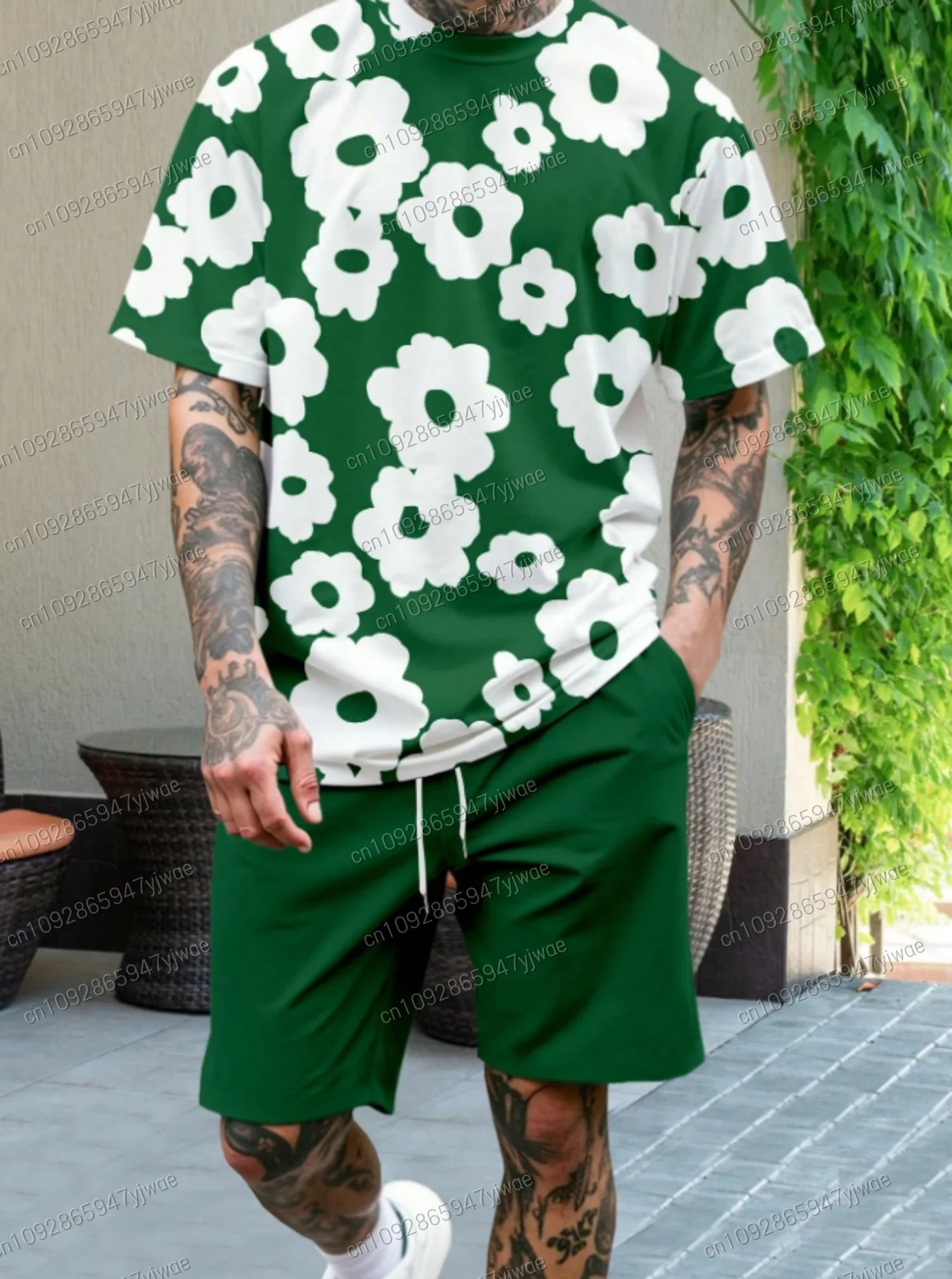 

2025 Men's Flower 3D Print Crew Neck Short Sleeve T-Shirt & Shorts Set Round Neck Short Sleeved Women's T-shirt Shorts Set