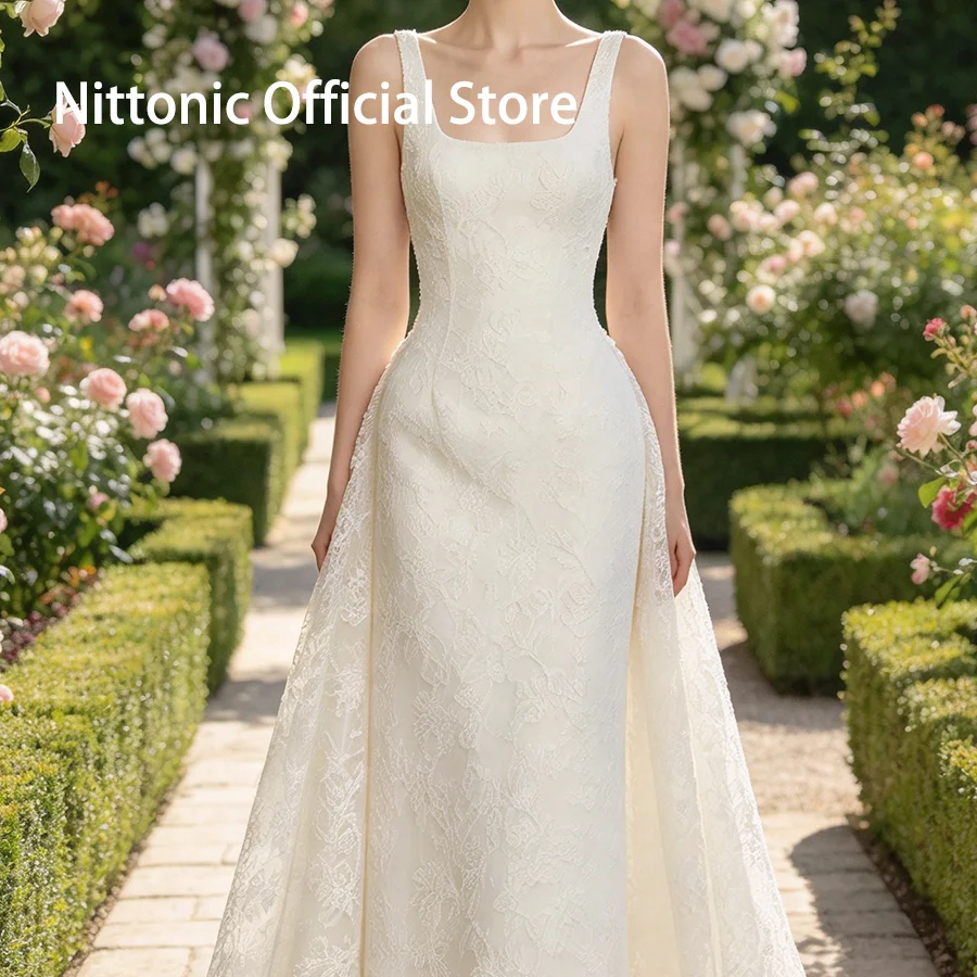 Classic Square Collar Satin Sleeveless Straight Detachable Bride Wedding Dresses Bridal Gowns Customized