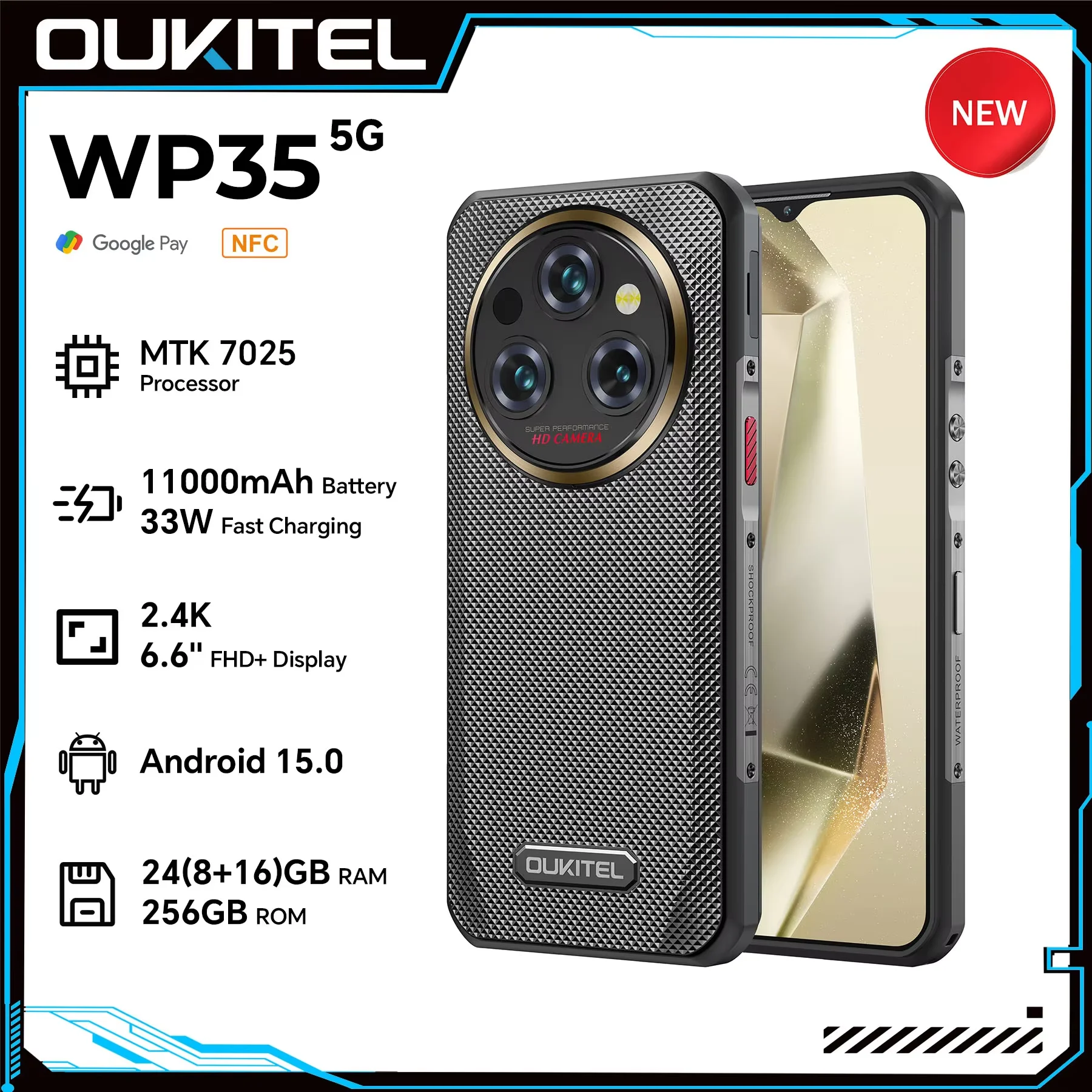 Oukitel WP35 5Gタフネススマホ 6.6インチ 2.4K 11000mAh 24GB+256GB