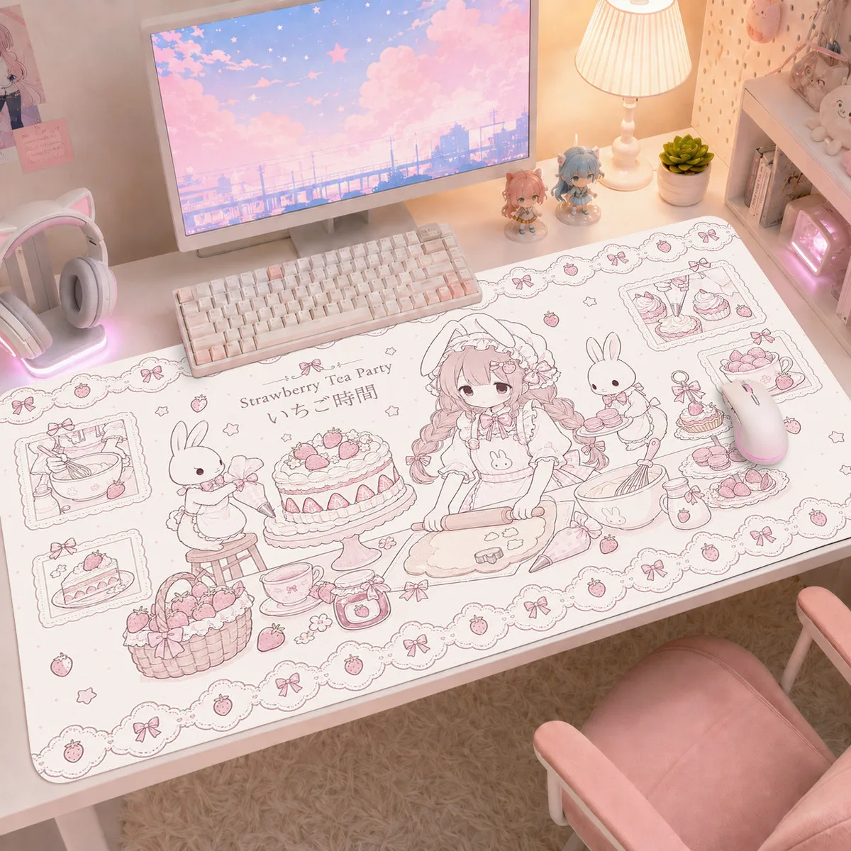 Japan Anime Kawaii Pink Angel Girl Bunny Leather PU Desk Pad Protector Mouse Pad Office Waterproof Non-Slip Desk Blotter Pad