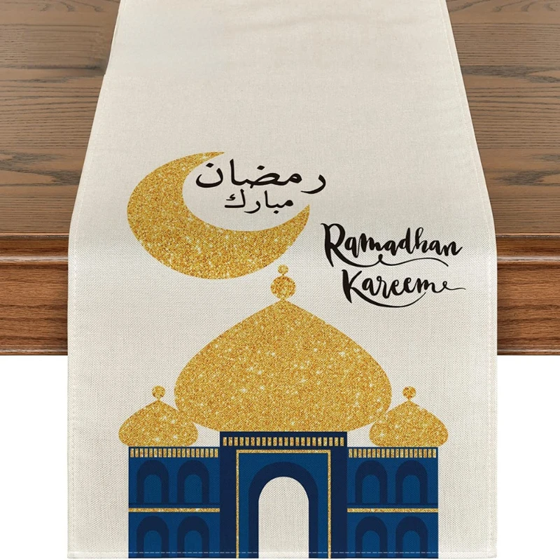 

2023 Ramadan Flax Table Runner Eid Mubarak Decoration Placemat Palace Moon Star Tablecloth Dinner Decor Eid Al Adha Gifts