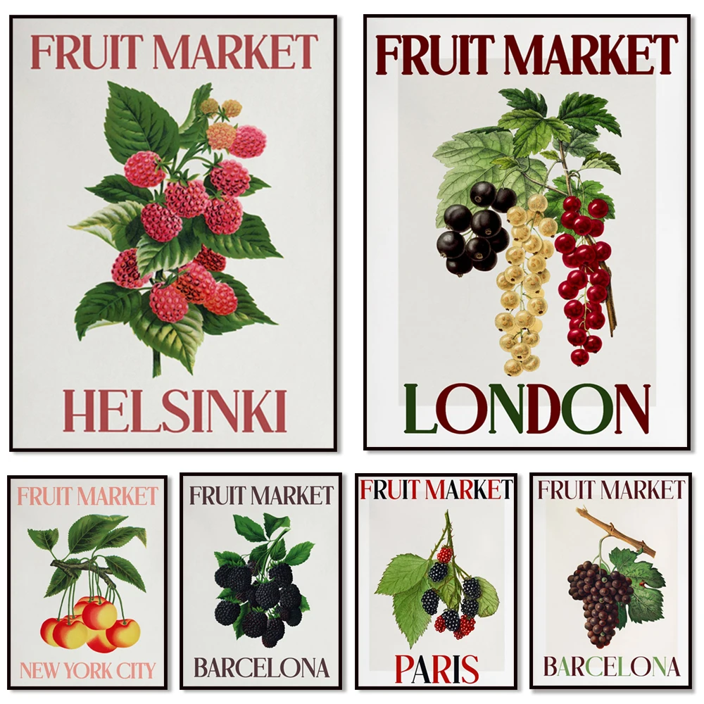 

Abstract fruit art print flower market canvas painting Nordic vintage poster, aesthetic modern art, kitchen decor, fruit gift