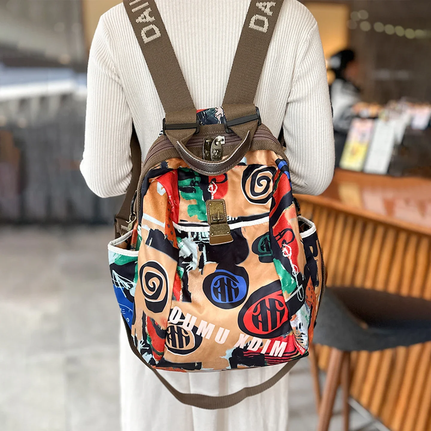 Convertible 2-Way Casual Backpack, Single Shoulder Wear Available Colorful Graffiti Pattern Oxford Fabric Women's Daily Commute