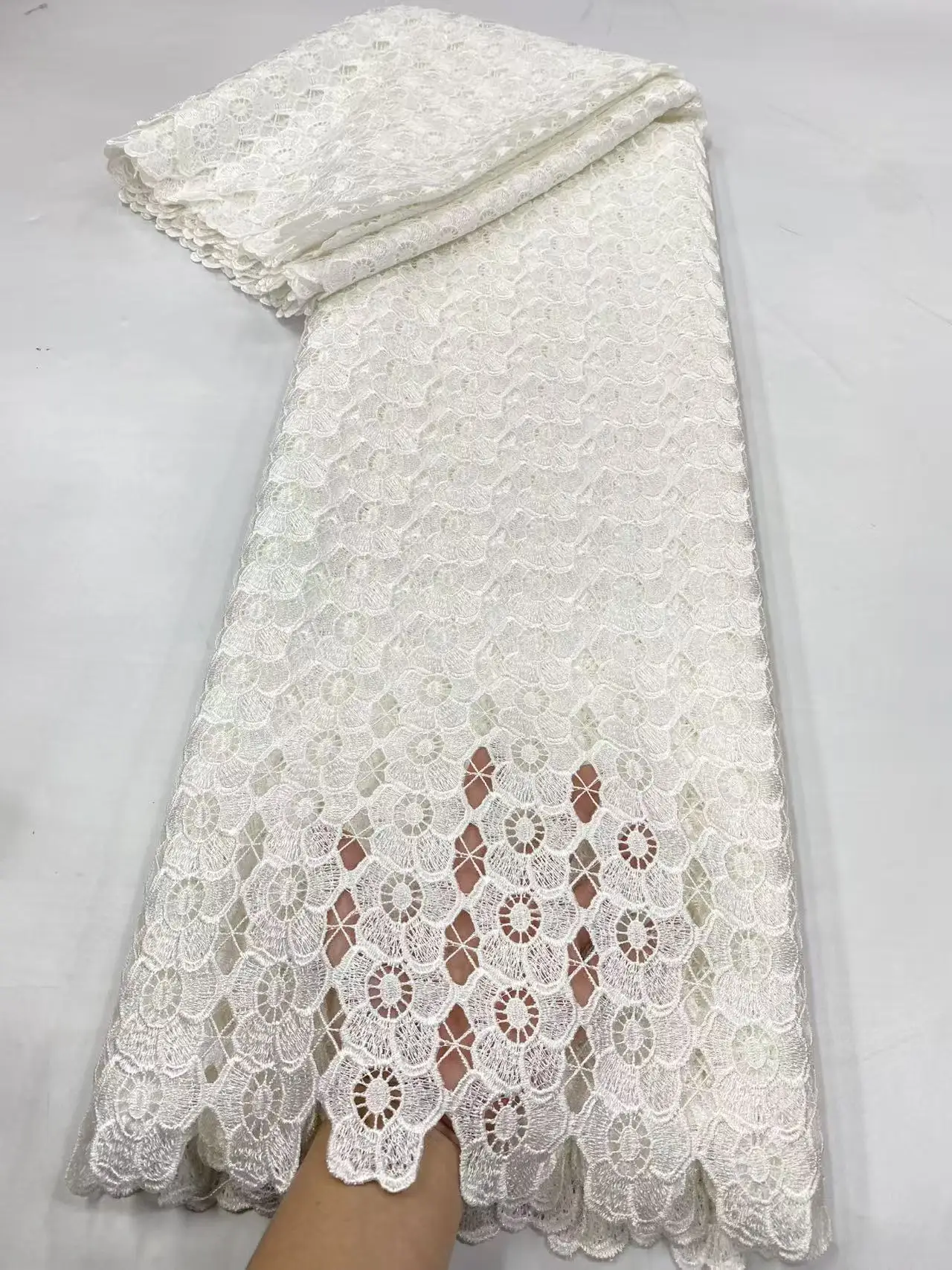 2025 White African Guipure Cord Lace Fabric with Stones Chemical Lace Fabric Water Soluble Lace For Women Evening Party Hm209-1